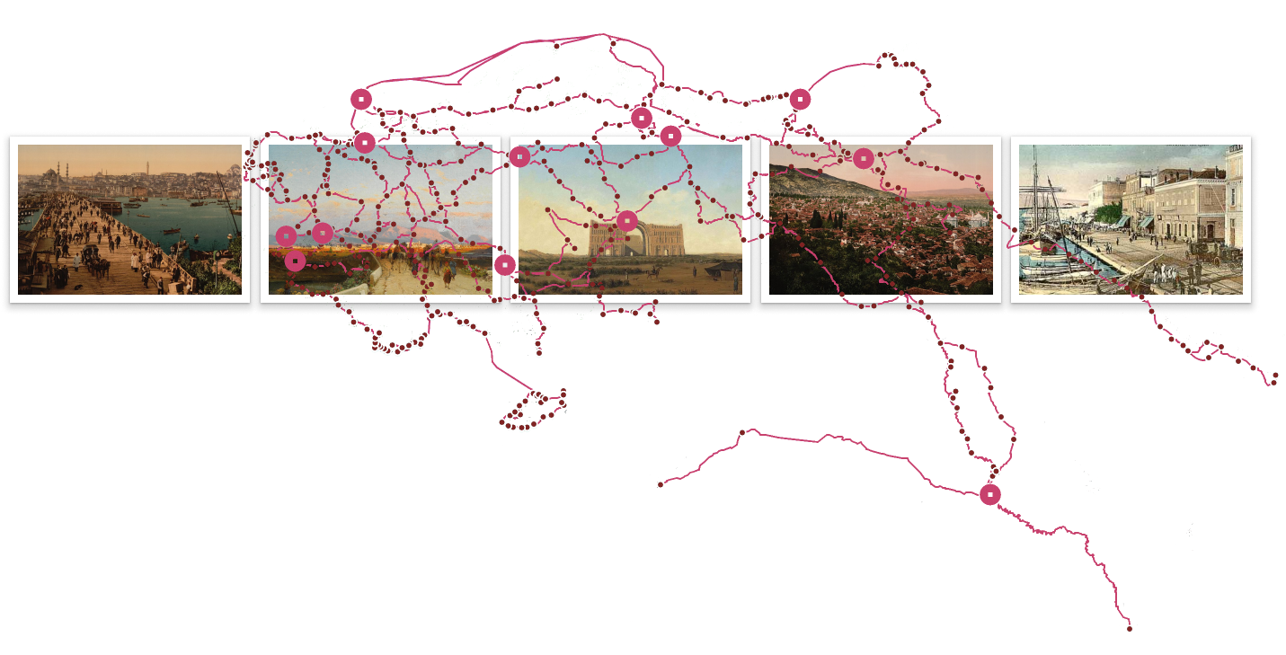 Routes of 1845 Murray's handbook overlayed on photos of cities along the routes